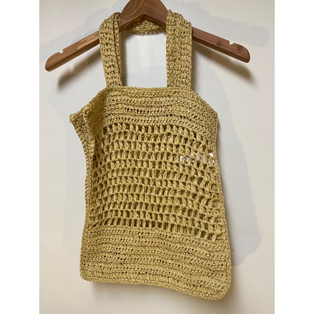 Old Navy Crochet Tote Bag Womens OS Tan Straw Woven Boho Beach 100% Paper